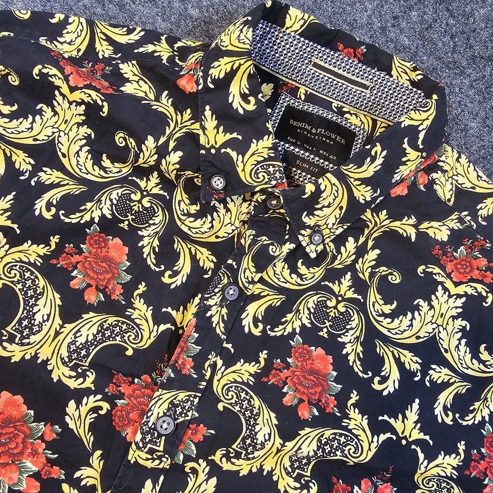 Denim & Flower Ricky Singh Shirt Mens Large Slim Fit Black Gold Floral Paisley - Picture 1 of 8